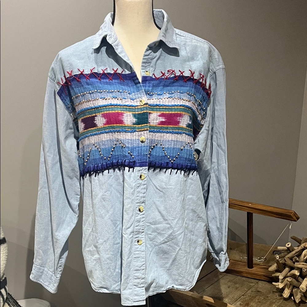Women's Multicolor Embroidered Vintage Button Down Shirt